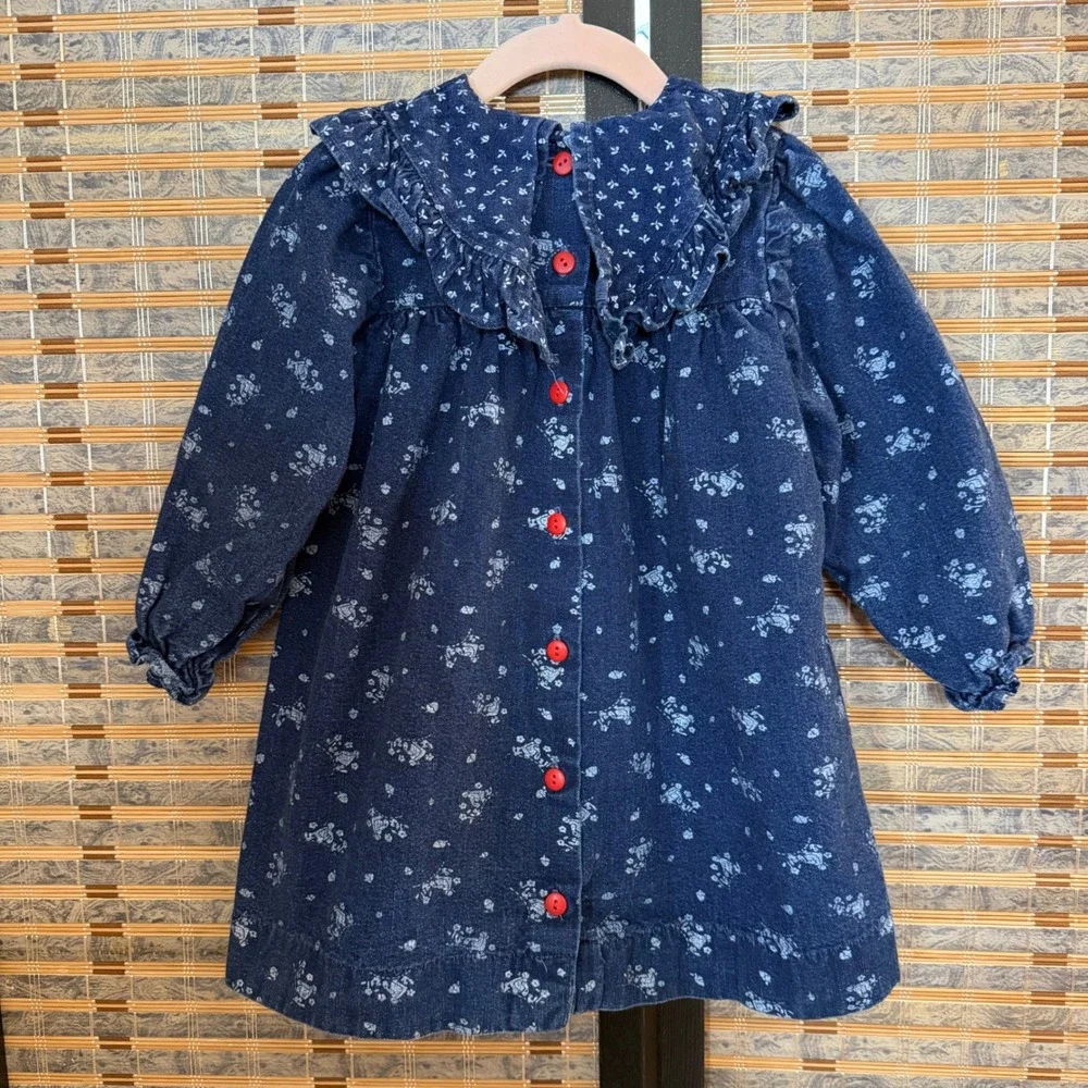 OshKosh Corduroy Dress Kids 3T Blue Vintage 90s Floral Ruffle Made in USA